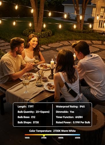 Minetom 77FT Outdoor String Lights with Remote, ST38 Patio Lights Dimmable - Image 6