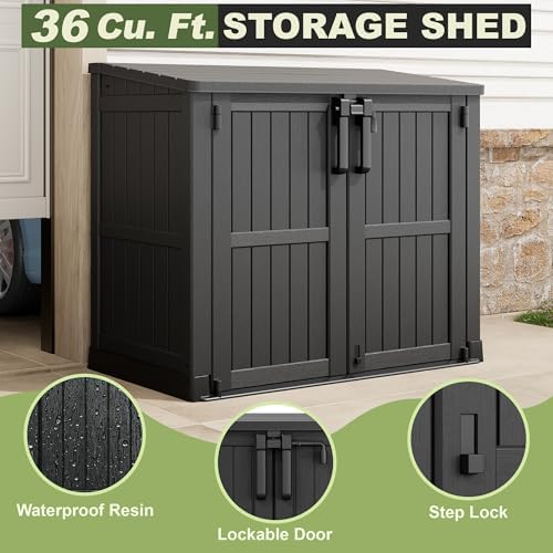 36 Cu Ft Resin Outdoor Storage Shed, Weatherproof Horizontal Outdoor Storage Cabinet with Dual Lock Door for Backyard, Patio, Garage, Garden(Black) - Image 5