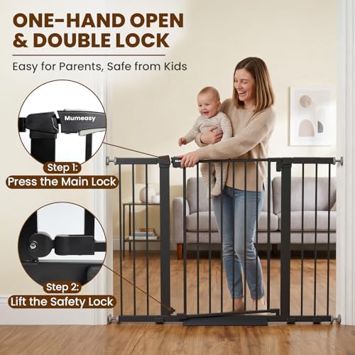 Mumeasy 29.7-48" Baby Gate for Stairs, Pressure Mounted Dog Gate for Doorways, Extra Wide Walk Thru Safety Pet Gate for Doors with Auto Close, Easy Install Child Gate for Hallway Indoor House, Black - Image 5