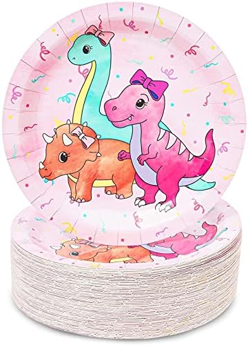 BLUE PANDA Happy Birthday Dinosaur Pastel Cake Paper Plates - 80-Pack, 9-Inch, Multicolor - Pink Dinosaur Party Plates for Birthday Party Tableware by BluePanda