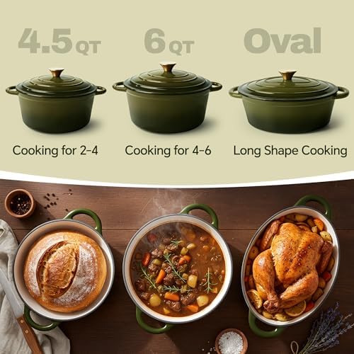 4.5 Quart Dutch Oven Pot with Lid, Non Stick Enameled Cast Iron Dutch Oven for Bread Baking, Heavy-Duty, Oven Safe Ceramic Cookware Up to 500°F for Baking, Braising, Stews, Roasting, Golden Green - Image 3