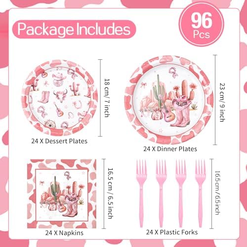 96Pcs Pink Western Cowgirl Paper Plates Napkins Set for 24 Guests - Image 2