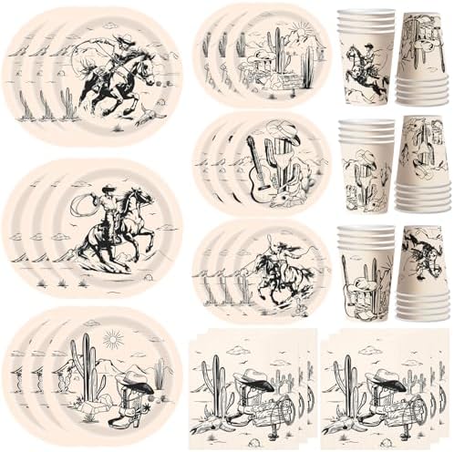 120Pcs Western Party Decorations Western Cowboy Paper Plates and Napkins Cups Rodeo Theme Disposable Tableware Set for Wild West Cowboy Cowgirl Birthday Baby Shower Party Supplies, 30 Guests by Unknown
