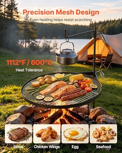 VEVOR Heavy Duty Swivel Campfire Grill, 24.4" Round Portable Camping Grill Grate, Sturdy Steel BBQ Mesh, 360° Height Adjustable Over Fire Pit with Support Rod, for Outdoor Open Flame Cooking, Black - Image 4
