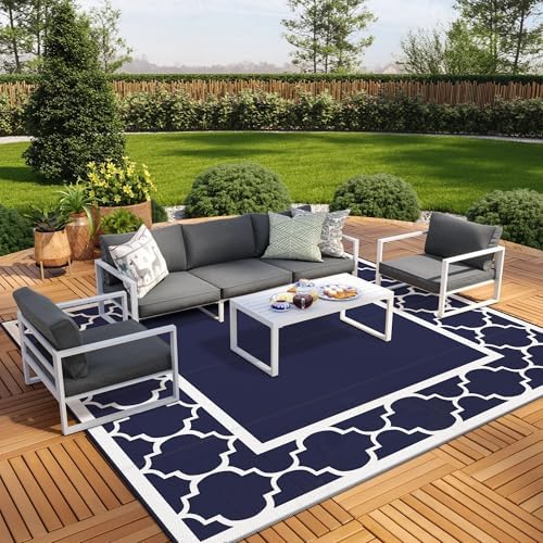 GENIMO Outdoor Rug, Waterproof Plastic Rugs for Patio, 10'x10' Blue White by GENIMO