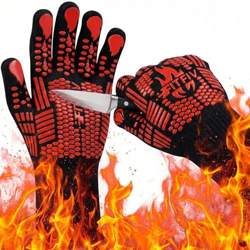 BBQ Gloves, 1472°F Heat Resistant with Silicone Grip Oven Mitts by FITFIV