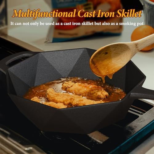 Cast Iron Skillet with Lid,Pre-seasone Mini Cast Iron Smoker Skillets & Egg Pan with Assist Handle, 6.5 Inch Octagonal Design Frying Pan for Searing, Baking, Grilling, Roasting (Skillet-1) - Image 4