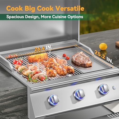 Livory 26 Inch BBQ Head Griddle Grill Combo for Outdoor Kitchen, Natural Gas Built-in Grills for Barbecue Island, 3-Burner, 3 * 14,000 BTU, Premium 304 Stainless Steel, Convertible to Liquid Propane - Image 2
