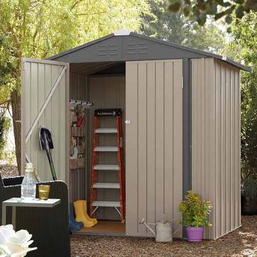 JUMMICO Metal Outdoor Storage Shed 6 x 8 FT Metal Shed with Lockable Door,Waterproof Garden Tool Shed Storage House for Backyard Patio Lawn,Brown - Image 2