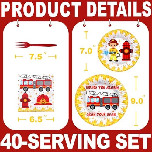 Firetruck Party Decorations - Firefighter Party Plates and Napkins for Kids, Serves 40 Guests - Image 2