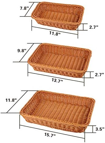 KEILEOHO 3 Packs Poly Wicker Bread Baskets Set of 16 14 12 Inch, Handmade Woven Pantry Organizer, Tabletop Food Serving Baskets for Fruits, Vegetables and Snacks, Restaurant, Hotel Serving, Brown - Image 3