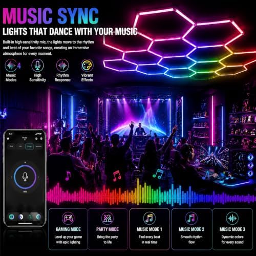 25Pack RGB Hexagon LED Garage Lights, 5 Hexagon Smart Honeycomb Lights with APP & Remote Control, Music Sync, 358 RGB Colors, Dimmable DIY Modular Lighting for Garage, Gaming Room & Car Detailing - Image 6