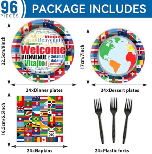 International Flags Welcome Party Plates Napkins Forks World Flags Tableware Around the World Globe Dinnerware Travel Trip Supply for Sports Events Club Classroom Birthday Parties Decoration Serve 24 - Image 2