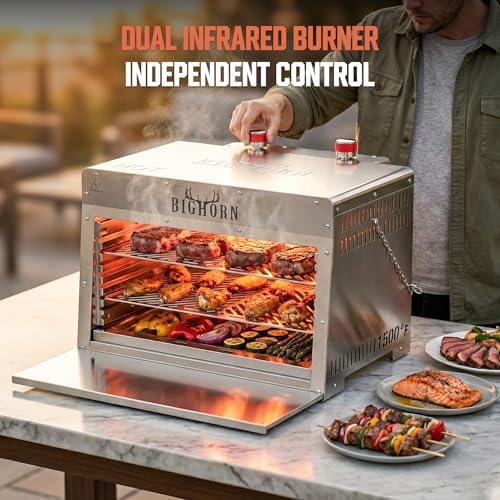 BIG HORN OUTDOORS 1500°F Infrared Propane Gas Grill – Portable Steak Broiler & Sear Station, Outdoor Salamander BBQ, Stainless Steel, 21.2 inch - Image 3