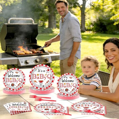96PCS BabyQ Party Paper Plates and Napkins BBQ Themed Baby Shower Party Decoration Barbecue Tableware Set Disposable BBQ Supplies for Gender Reveal Summer Picnic BabyQ Birthday Gatherings Decorations - Image 6