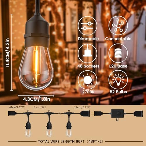 96ft Outdoor String Lights with Remote & Dimmer,48+4 Commercial Grade IP65 Waterproof Bulbs, 2700K Warm White,3 Lighting Modes & Timer,Includes 50 Cable Ties for Patio,Garden, Party（48FT*2） - Image 5