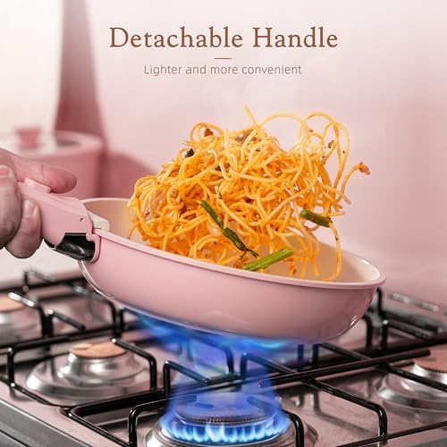 Astercook 21 Pcs Pots and Pans Set Non Stick, Ceramic Cookware Set Detachable Handle, RV Kitchen Cooking Set Removable Handles, Oven Safe, Induction Ready, Stackable, Pink, Fathers Day Gift for Men - Image 4