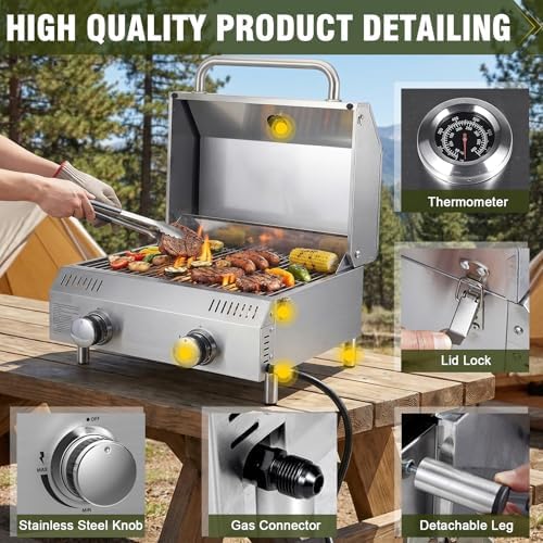Bestfire Tabletop 2-Burner Gas Grill, 20,000 BTU Stainless Steel Portable Propane Grill, Removable Legs, Push-Button Ignition, Thermometer, for Outdoor Patio, Camping, Tailgating & RV - Image 4