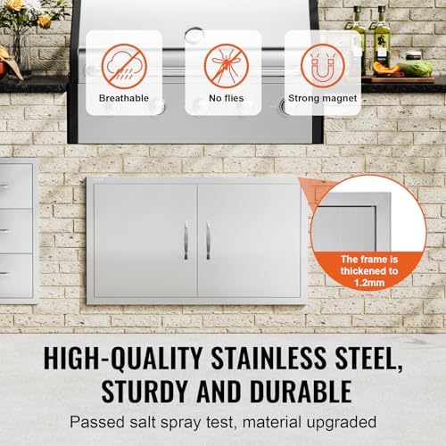 VEVOR BBQ Access Door, 36W x 21H Inch Double Outdoor Kitchen Door, Stainless Steel Flush Mount Door, Wall Vertical Door with Handles, for BBQ Island, Grilling Station, Outside Cabinet, Silver - Image 3