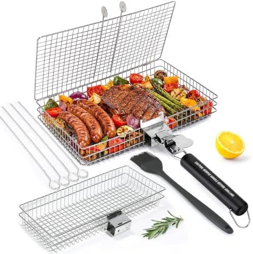 2 Pack Stainless Steel Grill Basket Set with Removable Wooden Handle, BBQ Grilling Rack for Outdoor Cooking, Portable Smoker Grilling Accessories for Fish, Vegetables, Shrimp, Meat & Chicken by Yorshvil