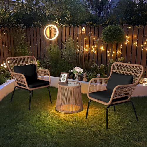 3 Piece Outdoor Wicker Furniture Bistro Set, Rattan Chairs Conversation Sets with Solar Light, Wicker Patio Furniture for Balcony Poolside Backyard, Black - Image 7