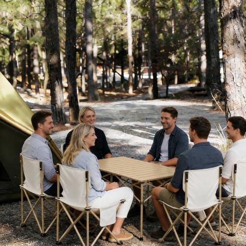 Camping Table with 6 Chairs, Portable Folding Picnic Table Set-Beige - Image 2