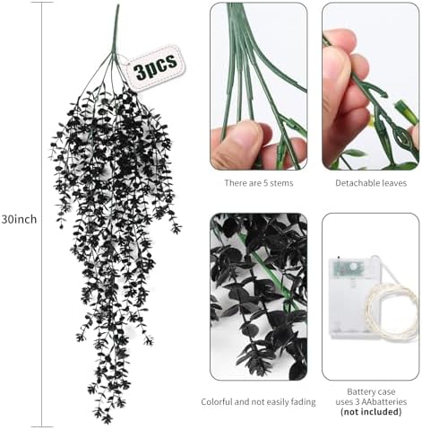 RECUTMS Black Hanging Flowers with Light Faux Hanging Plants Black Greenery - Image 2