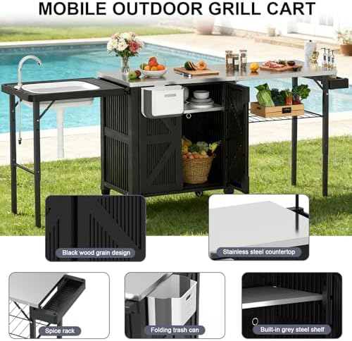 Outdoor Grill Cart with 2-Stainless Steel Top, 2-Tier Storage Cabinet - Image 3
