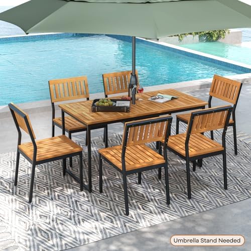 Tangkula 7 Piece Outdoor Dining Set for 6, Acacia Wood Rectangular Dining Table & 6 Armless Chairs w/Metal Frame, Umbrella Hole, Farmhouse Dining Furniture Set for Garden Porch Poolside - Image 2