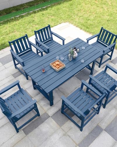 7 Pieces HDPE Outdoor Dining Set, Patio Dining Set with Umbrella Hole, All Weather Outdoor Dining Table Sets for 6, HDPE Patio Furniture Sets for Deck, Backyard, Lawn, and Poolside, Navy - Image 2