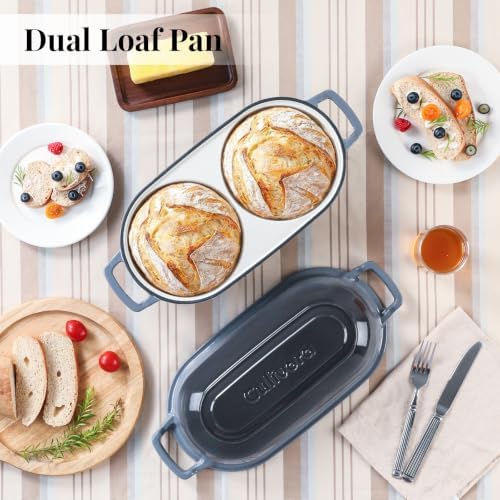 Cast Iron Double Dutch Oven, Mini Enamel Sourdough Bread Pan with Lid, Grey - Image 2