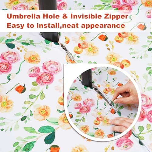 SquarePie 70 inch Round Outdoor Tablecloth with Umbrella Hole - Water Resistant SpillProof Patio Table Cover for Spring Summer Garden Camping Poolside Picnic BBQS, Rose Floral - Image 2