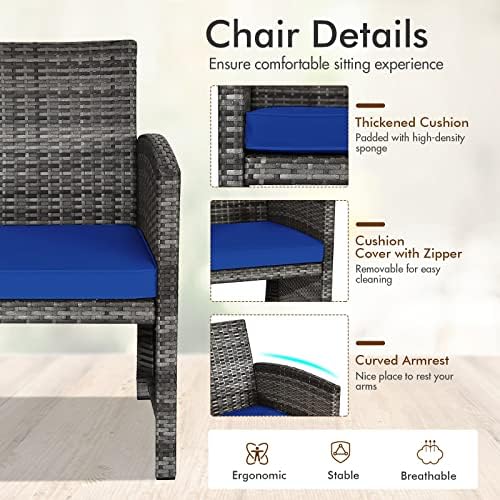Goplus 4-Piece Rattan Patio Furniture Set, Outdoor Wicker Conversation Sofa with Weather Resistant Cushions and Tempered Glass Tabletop for Lawn Backyard Pool Garden (Blue) - Image 4