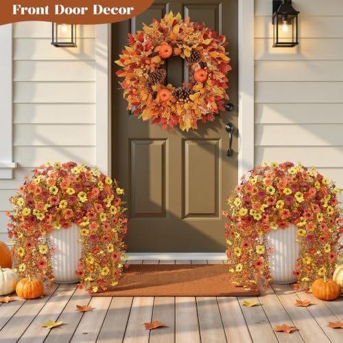 8Pcs Artificial Fall Flowers for Outdoor, Fake Mums UV Resistant Decoration - Image 3