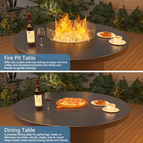 7 Pieces Outdoor Patio Furniture Set with 48" 55000 BTU Round Propane Fire Pit Table,Patio Dining Set Outdoor Conversation Sets 6 Chairs for Deck,Backyard and Garden,Brown - Image 6