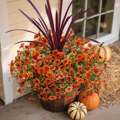 Fall Flowers Artificial Mums for Outdoors Autumn Decor, 12 Bundles Orange Fake Fall Mums with 1 pcs Burgundy Orchid Leaf UV Resistant Look Real Faux Flowers for Outside Planter Home Porch Patio Yard - Image 2