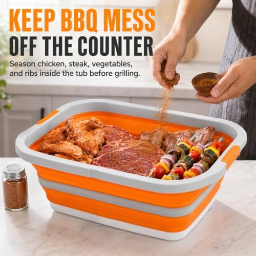 BBQ Prep Tub, 16L Orange Collapsible Wash Basin with Drain Plug - Image 3
