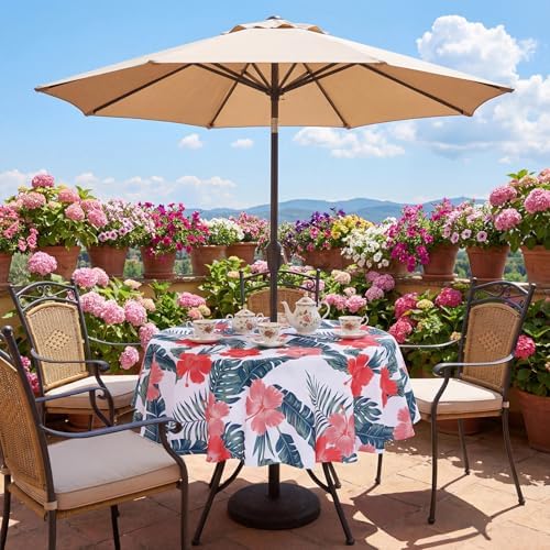 SquarePie Round Outdoor Talecloth with Umbrella Hole and Zipper 60 Inch, Water Resistant SpillProof Patio Table Cloth Cover for Spring Summer Camping Garden Poolside Picnic BBQS,Palm Leaf Red Flower - Image 5
