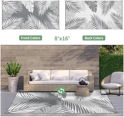 GENIMO Outdoor Rug, Waterproof Plastic Rugs 8'x16' for Camping Grey White - Image 2
