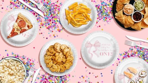 Pink Bows First Birthday - 32 Piece Disposable Party Supplies - Decorations for Girl's 1st Birthday Round Party Plates - Large 9" Paper Plates In Bulk - Image 7