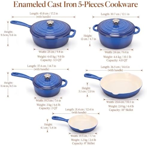 QuliMetal 5-Piece Blue Enameled Cast Iron Cookware Set - Image 2