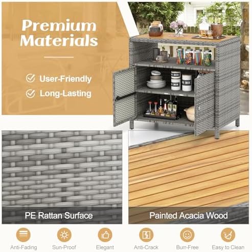 Tangkula Rattan Outdoor Storage Cabinet, Patiojoy Outdoor Cabinet with Acacia Wood Countertop, Open Compartment, 2-Door Wicker Sideboard, Outdoor Bar for Patio Garden Backyard Poolside (Mix Grey) - Image 4