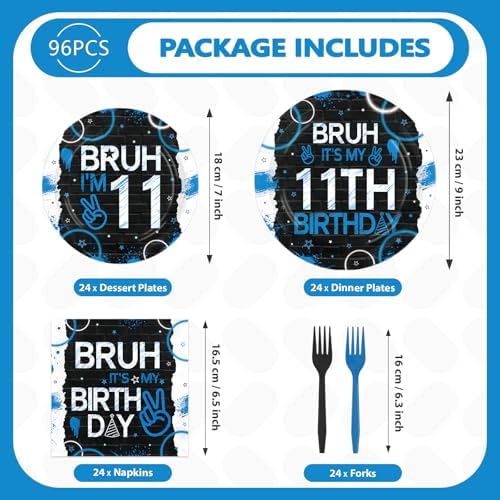 96 Pcs Bruh 11th Birthday Party Supplies for Boys, Serves 24 - Image 5