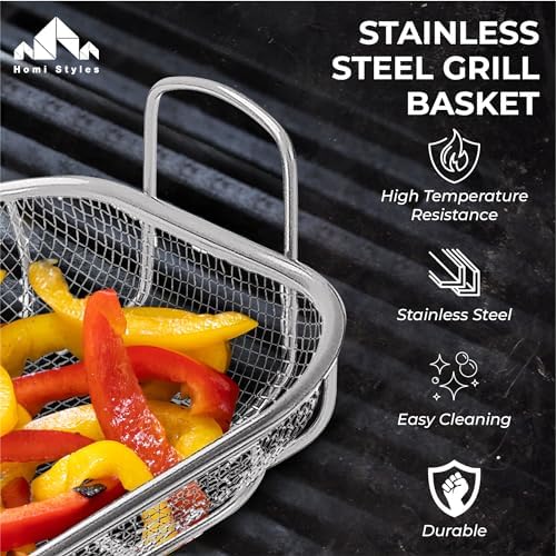 Homi Styes Grill Baskets for Outdoor Grill – 15 x 11-inch Vegetable Grill Basket – Grill Vegetable Basket with Handles – Rustproof Stainless Steel Mesh Veggie Grilling Basket - Image 2