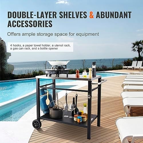 VEVOR Outdoor Grill Dining Cart with Double-Shelf, BBQ Movable Food Prep Table, Multifunctional Stainless Steel Table Top, Portable Modular Carts for Pizza Oven, Worktable with 2 Wheels, Carry Handle - Image 4