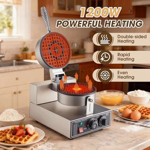 Commercial Waffle Maker, 1200W Waffle Iron, Professional Waffle Baker Machine with Temp and Time Control, Non-Stick Baking Pan Stainless Steel for Restaurant Bakeries Kitchen Home - Image 4