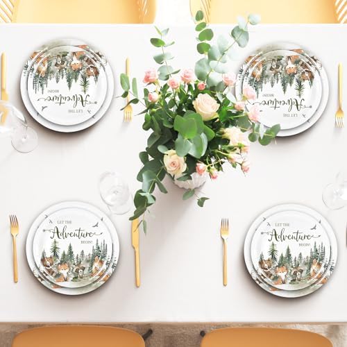 Whaline 72Pcs Let The Adventure Begin Party Supplies Woodland Forest Animal Disposable Tableware Set Paper Plates Napkins for Baby Shower Neutral Adventure Birthday, Serves 24 - Image 7