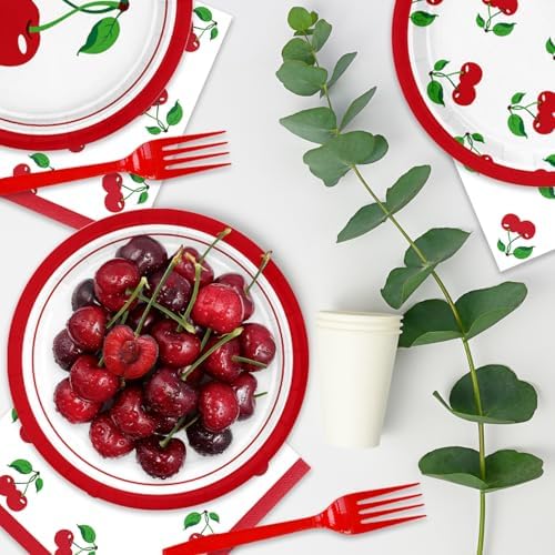 48Pcs Cherry Birthday Decorations Summer Fruit Theme Tableware Set Disposable Plates Napkins Forks Serves 16 Baby Shower Cherry Party Decorations - Image 5