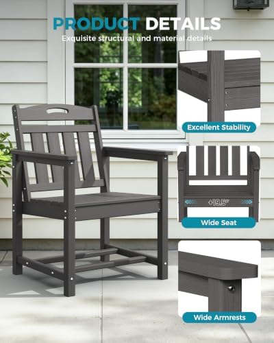 Ciokea HDPE Outdoor Patio Dining Chairs, All-Weather Furniture, Grey - Image 5