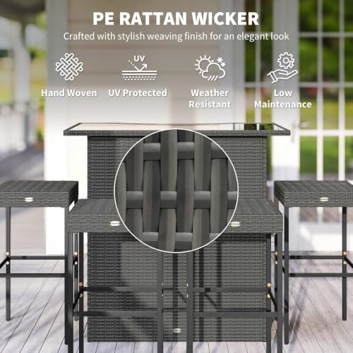 Outsunny 5 Piece Wicker Outdoor Bar Set with Glass Table Top Dark Gray - Image 4